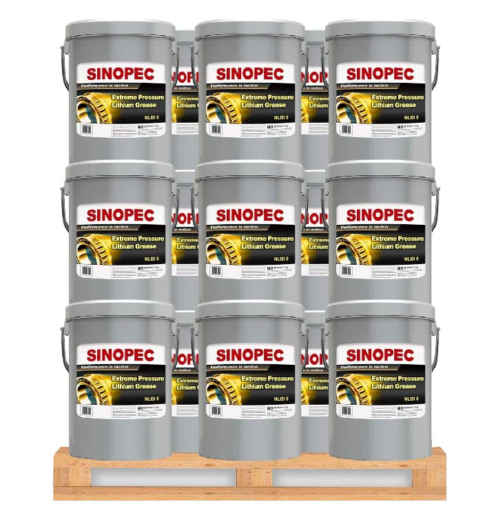 Front image of Sinopec Extreme Pressure Lithium Grease NLGI 0 pallet of 36 pails of 17 kg.